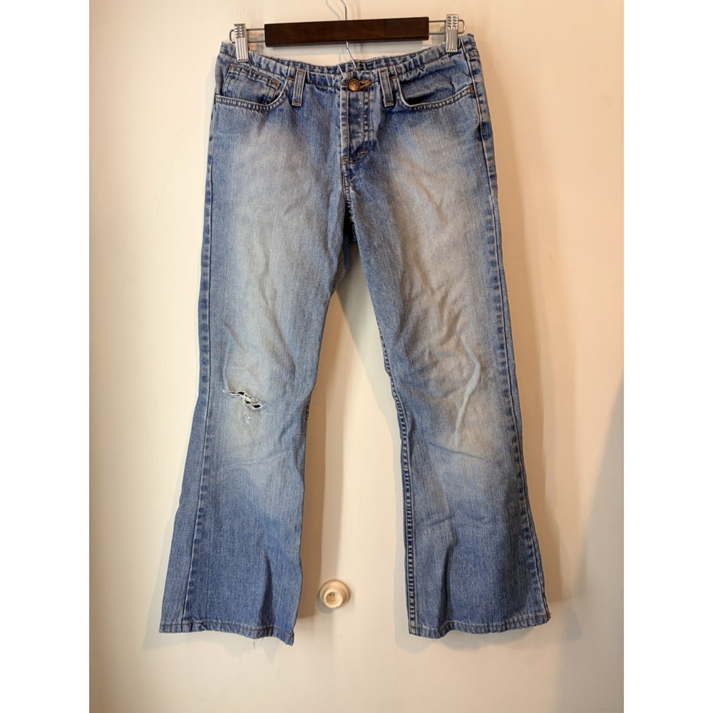Y2K American Eagle Low Rise Flare Jeans Womens 12 Long Light Wash Distressed